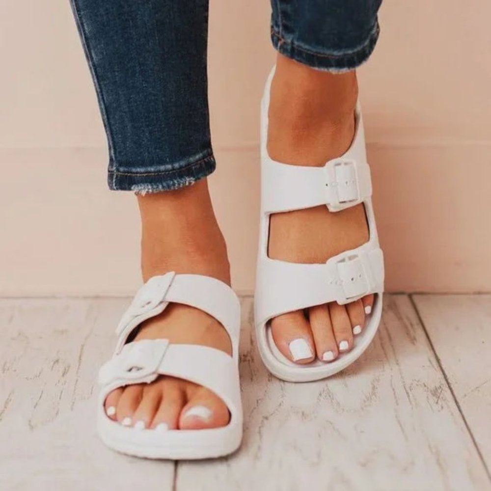 NEW Adjustable Double Buckled Straps Comfy Slip On Slides Slippers Sandals White
